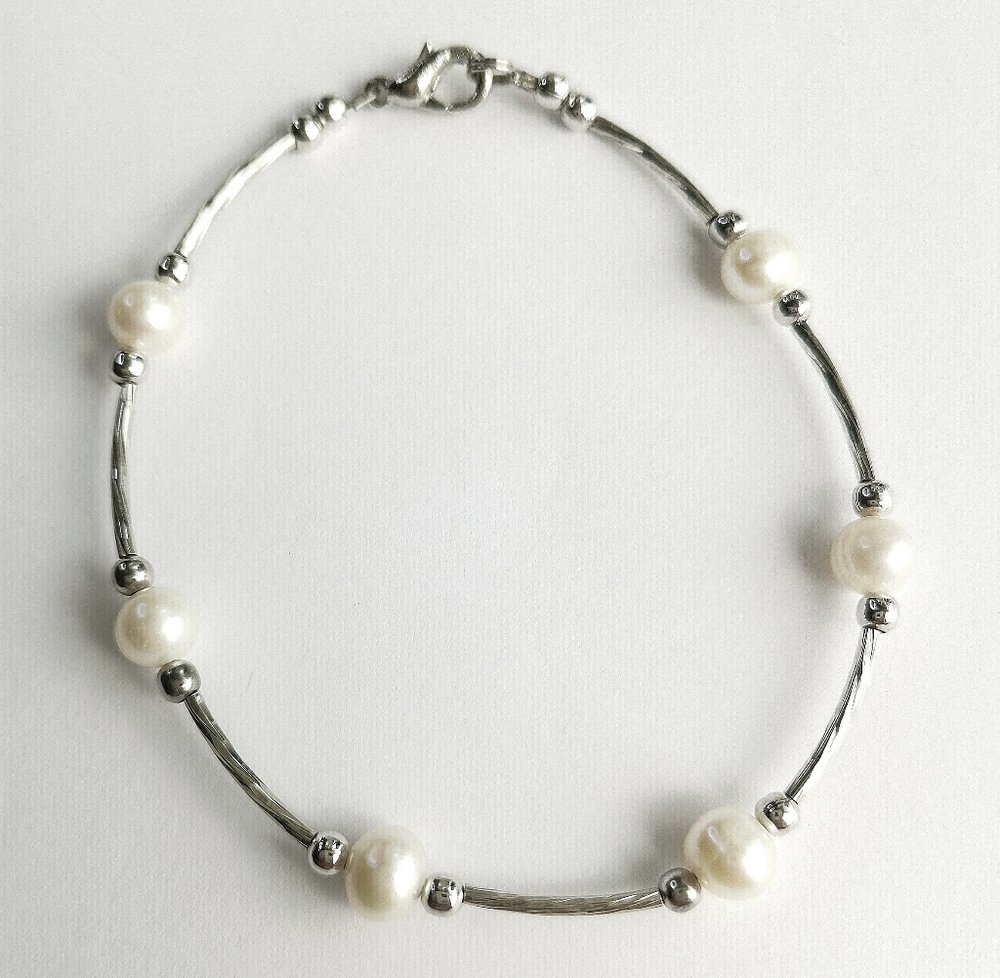9 Inches White Pearl Bracelet / Anklet Sterling Silver
